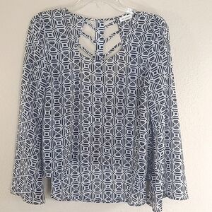 Blu Pepper Bohemian Navy White Geometric Print Bell Sleeve Blouse Size S Small